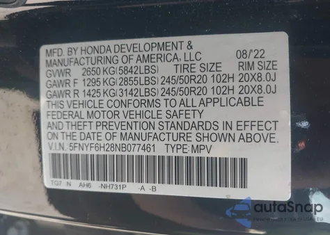 2022 Honda Pilot Awd Special Edition z USA, uszkodzony, nr VIN 5FNYF6H28NB077461